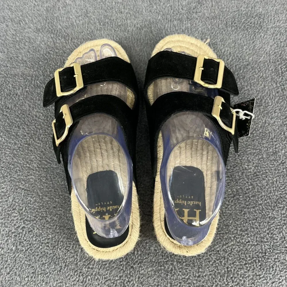 Haute Hippie Sandals Womens 7.5 black genuine suede‎ espadrille slip on buckle